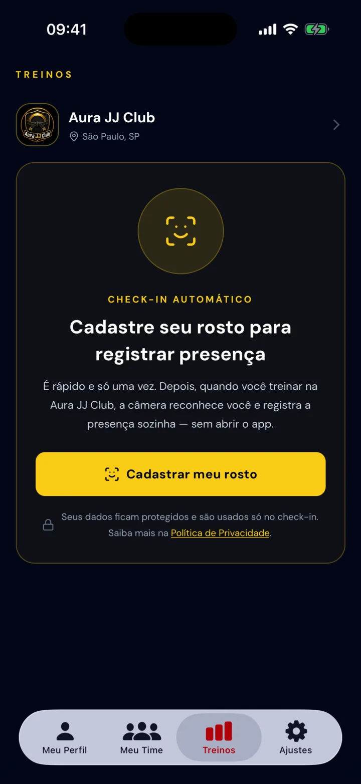 Tela do BlackBelts para o aluno cadastrar o rosto usado no check-in