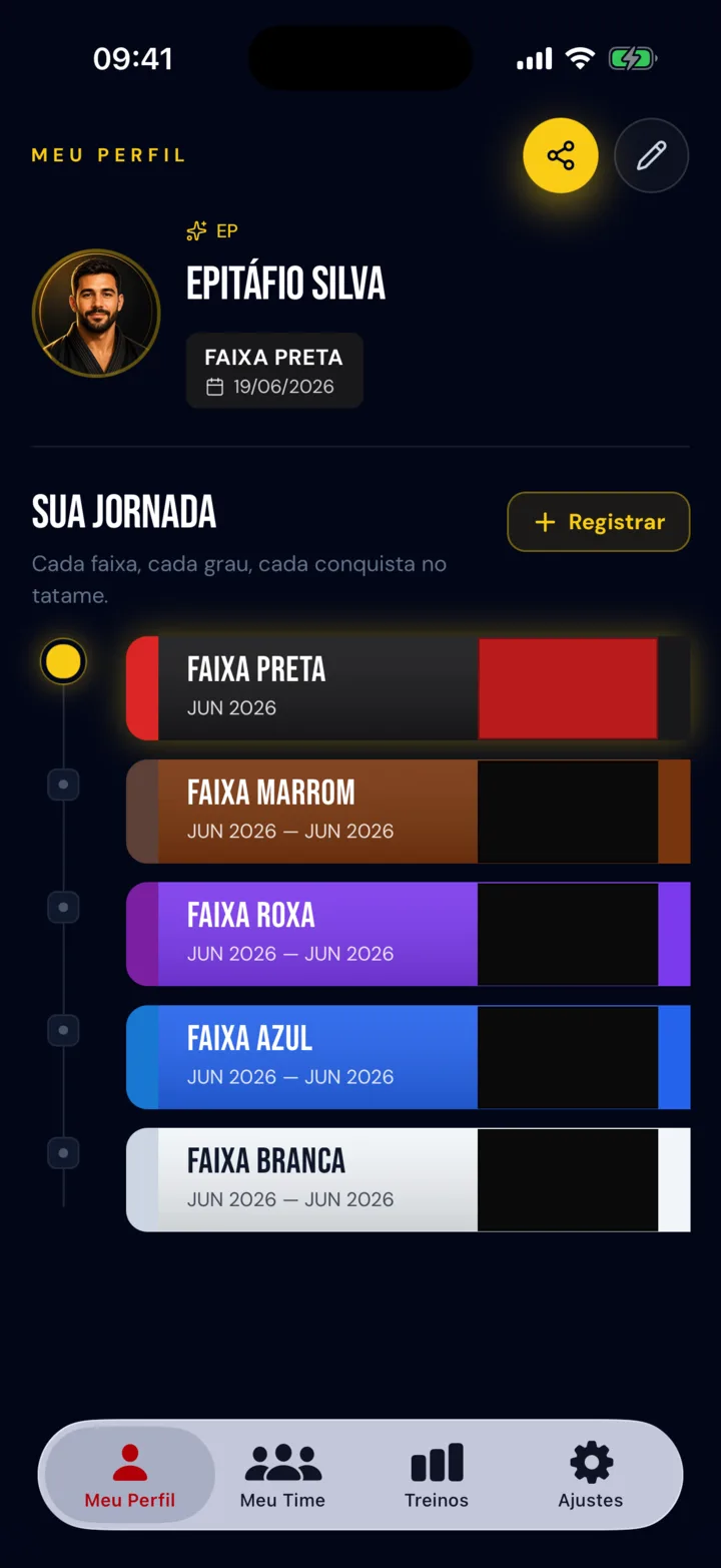 Tela Meu Perfil do blackbelts.app: linha do tempo de faixas, da branca à preta