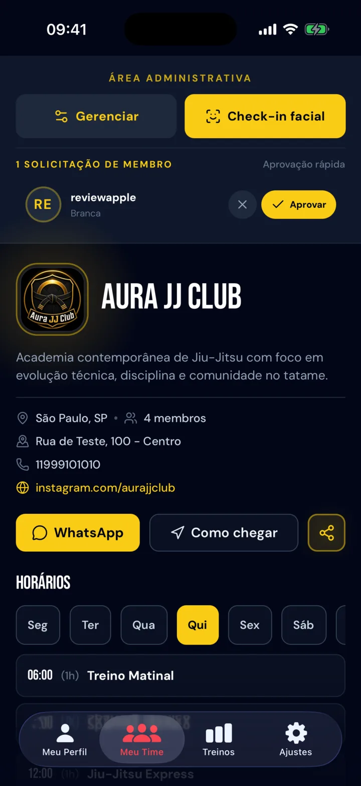 Tela Meu Time do blackbelts.app: área administrativa da academia com check-in facial e aprovação de membros
