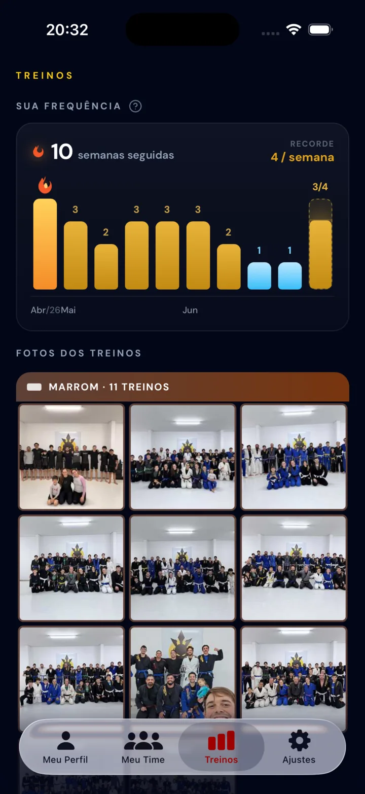 Tela de treinos mostrando frequência semanal, sequência e fotos das aulas