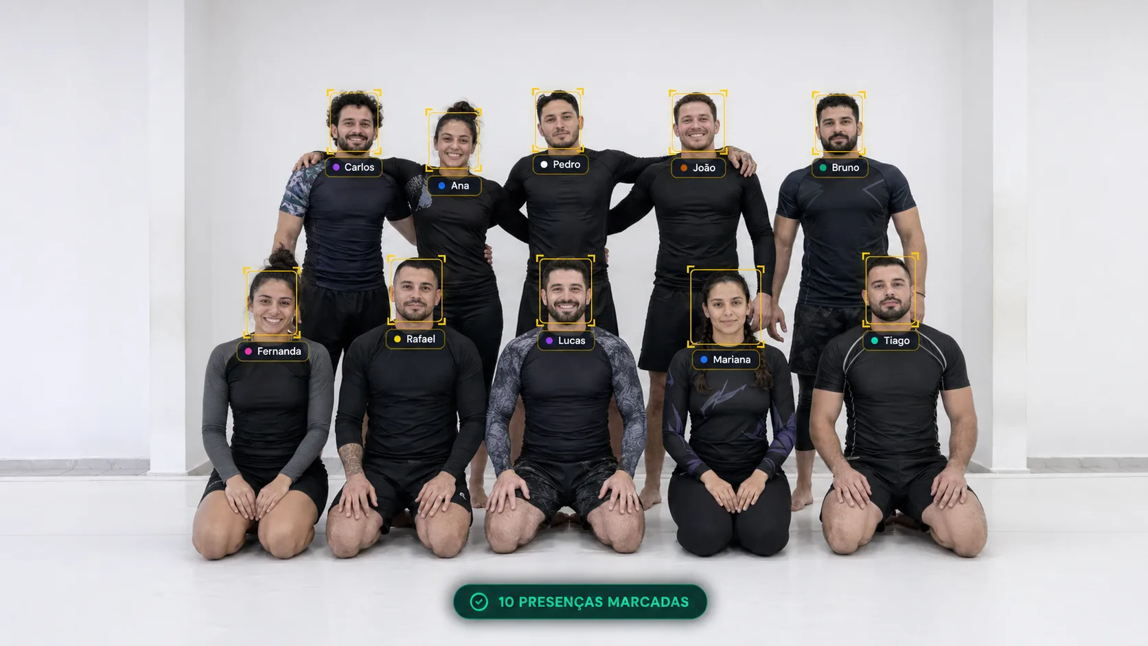 Foto de uma turma com alunos identificados para registrar a presença da aula