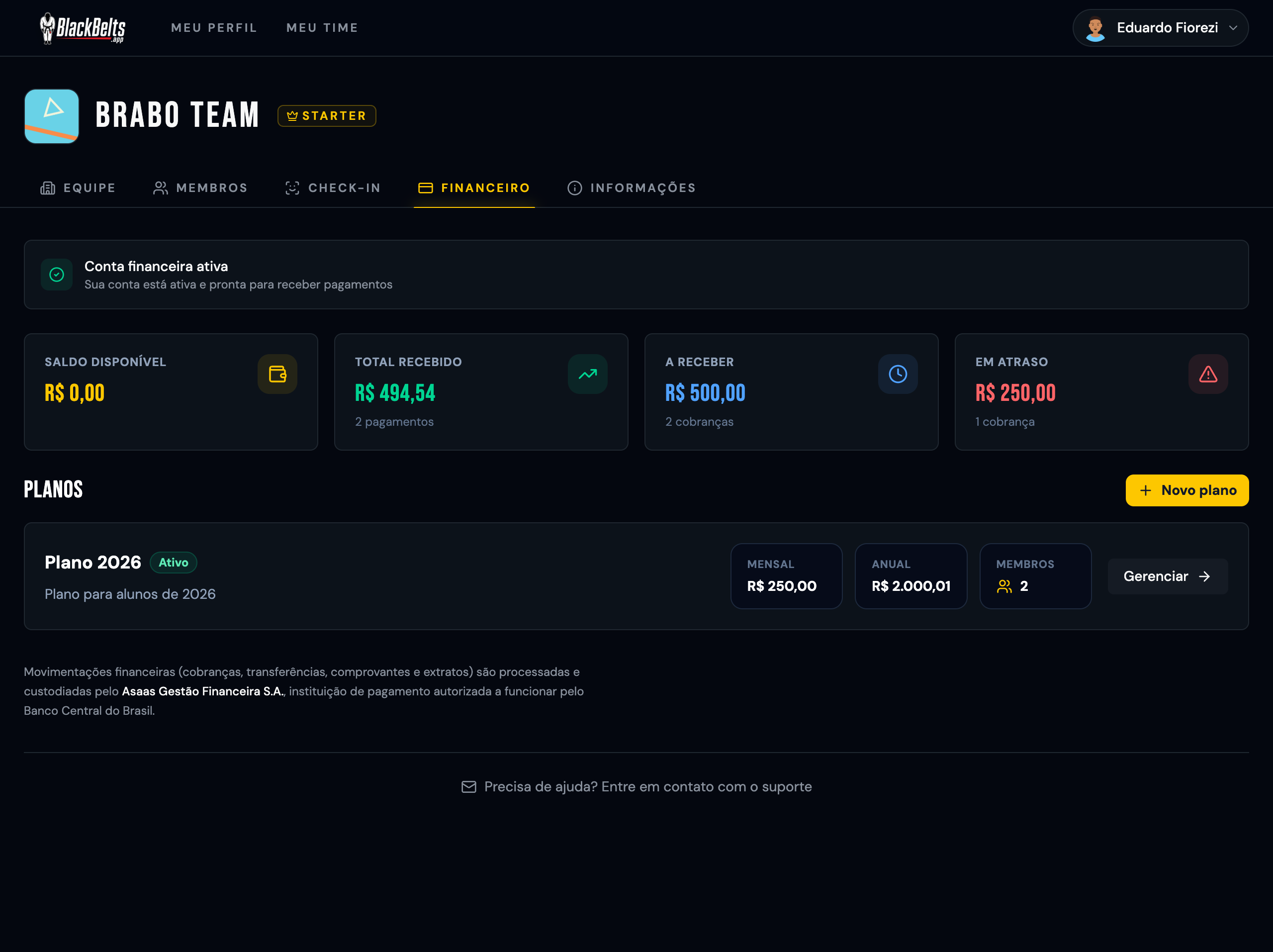 Tela de configurações financeiras da academia com a aba "Financeiro" aberta e o card "Conta Asaas conectada"