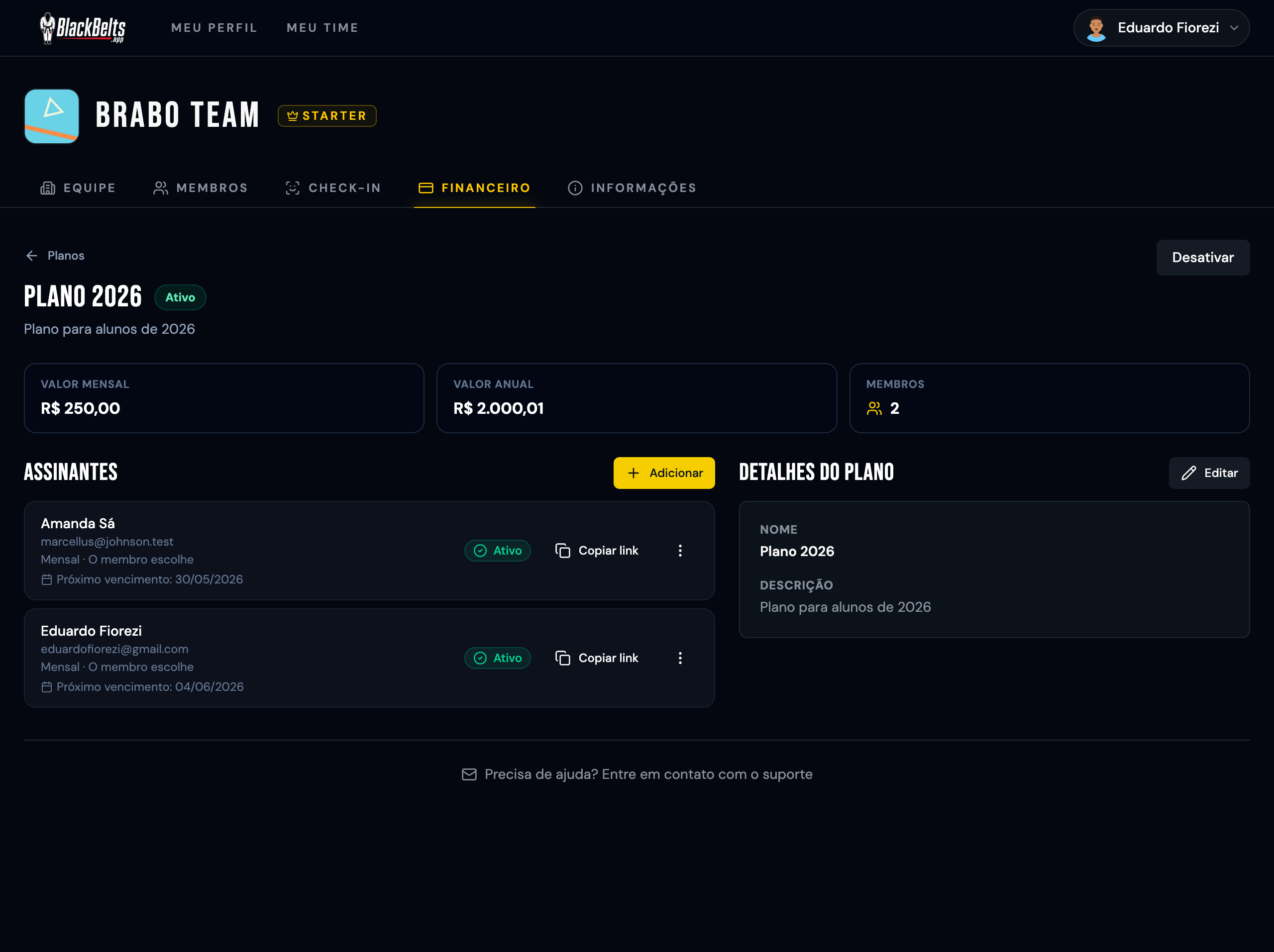 Tela de gestão do plano com o botão "Desativar" no topo direito e a lista de assinantes ativos abaixo